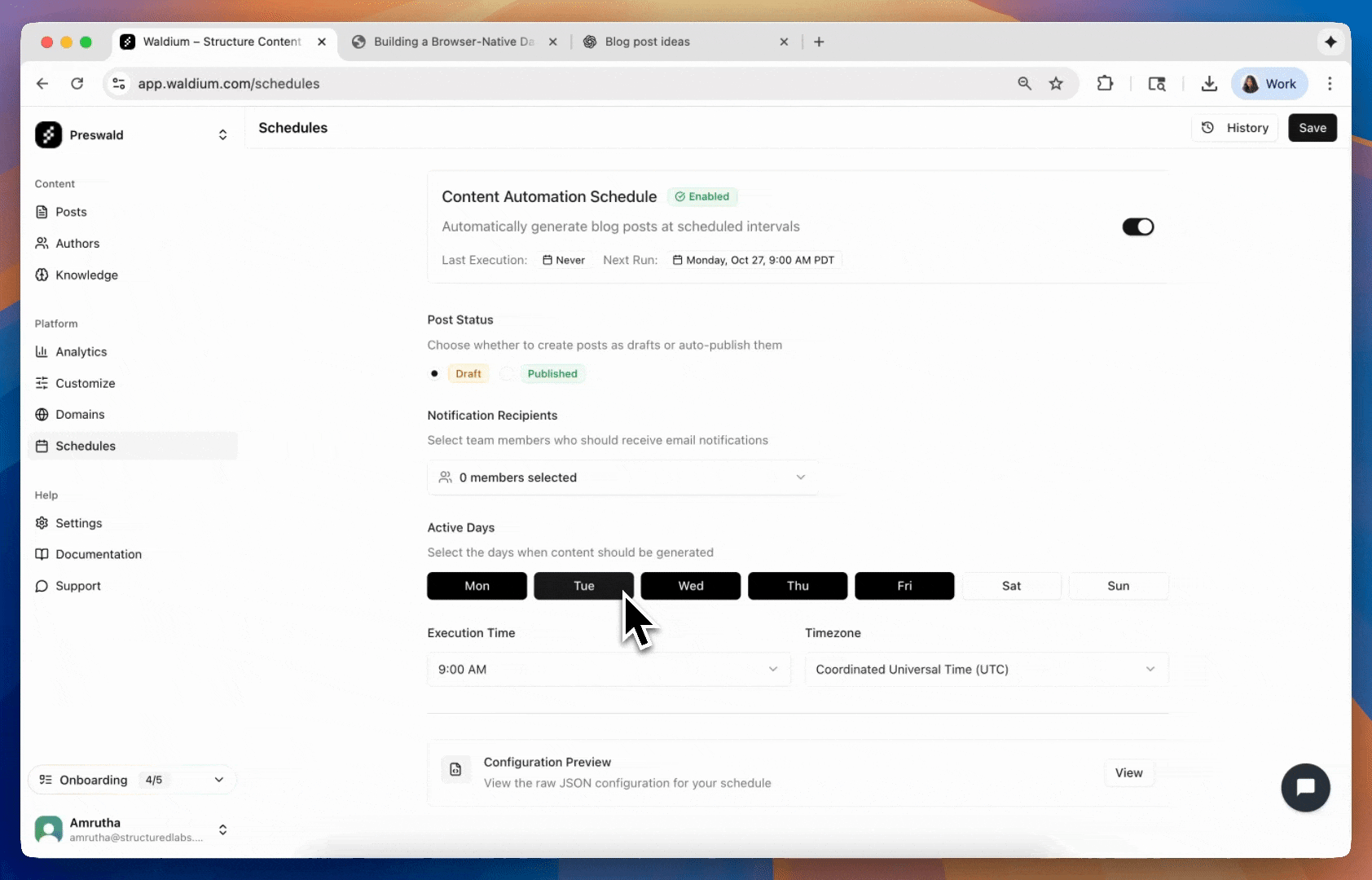 Screenshot of the content generation modal showing style, tone, and length options